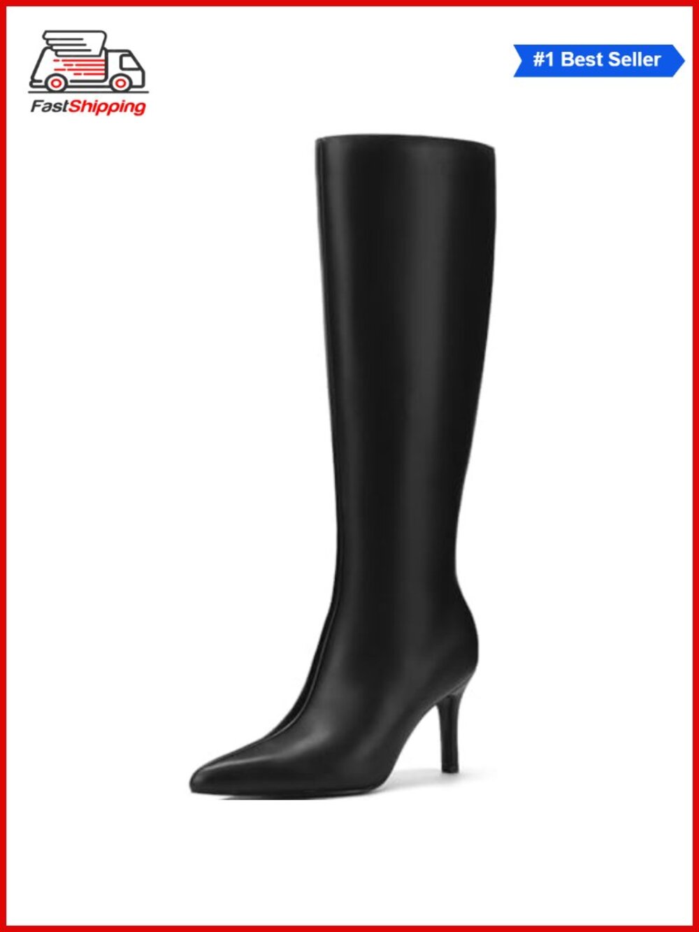✨ Pointed Toe Stiletto Heel Knee High Boots Faux Leather Side Zip